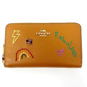 NWT Coach Medium ID Zip Wallet With Diary Embroidery Penny Multi Grained Leather
